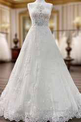 Long A-line Tulle Jewel Lace Appliques Wedding Dress